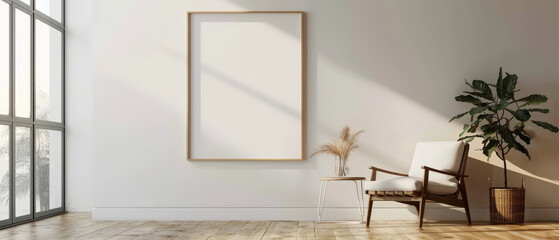 Modern living room with minimalist decor, wooden flooring, white empty wall, stylish armchair on right, space for artwork or poster, clean look