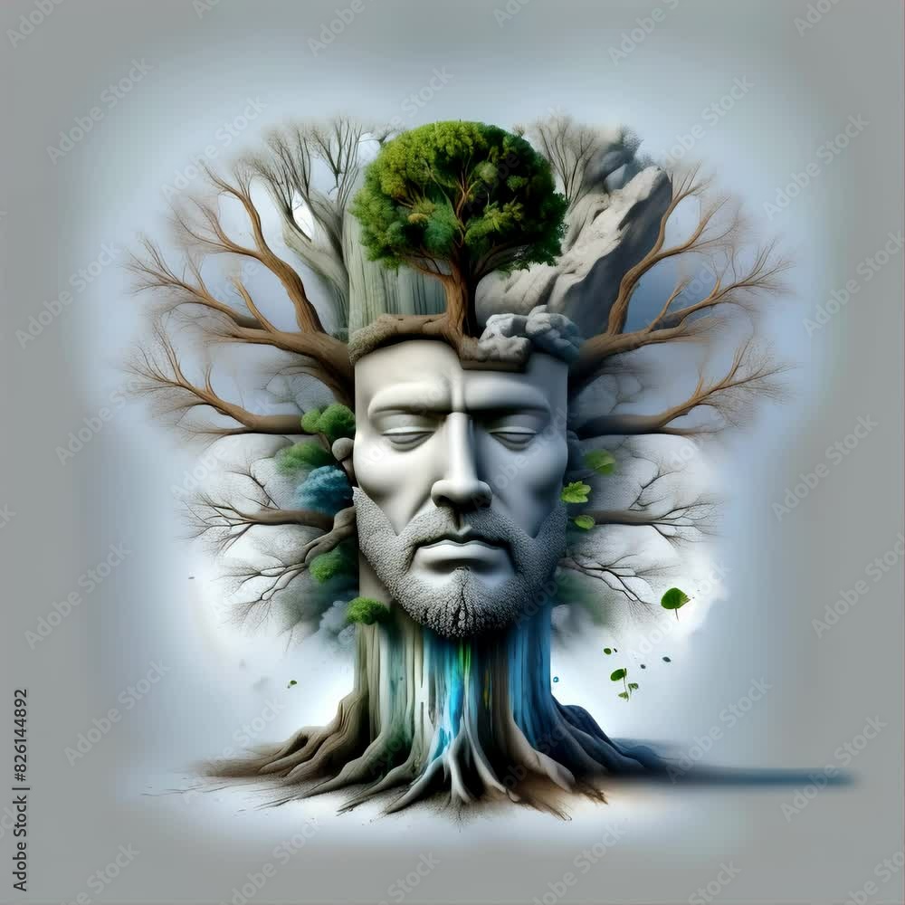 Poster artistic representation of a human face merged with a tree, featuring detailed leaves and branches a