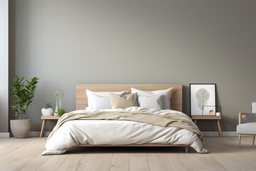 Interior of modern bedroom with white walls, wooden floor, comfortable king size bed with white pillows and wooden bedside table. 3d rendering