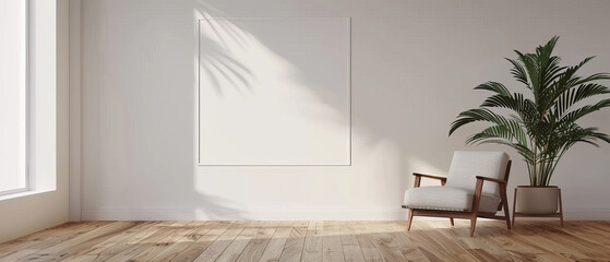 Modern home decor, living room with wooden flooring, white empty wall, stylish armchair on right, space for artwork mockup, clean design
