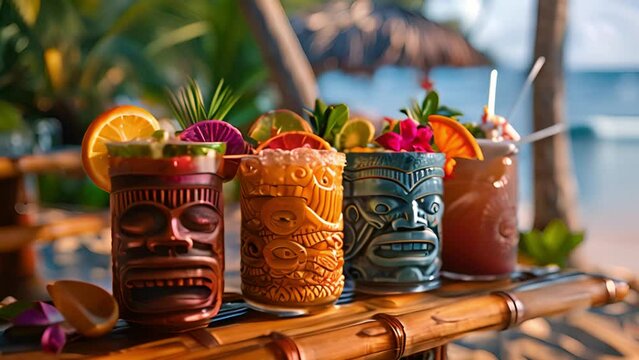 This Line of tiki glasses arranged neatly on a wooden table. Row of Tiki Glasses on Wooden Table