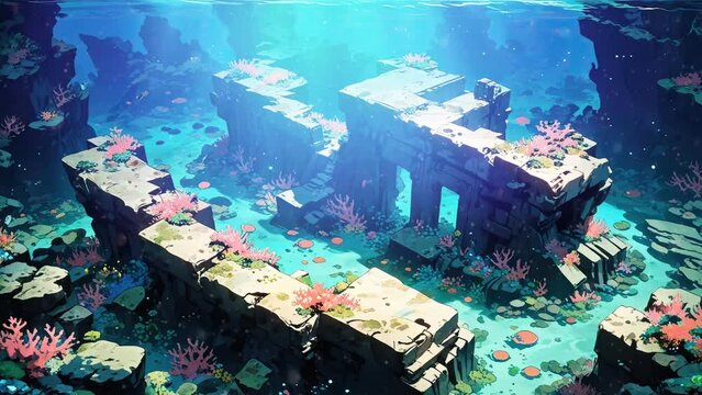 Deep below the surface, a sunken Greek temple is adorned by a bustling coral reef ecosystem, alive with the graceful movements of fish, portrayed in a stunning 4k looping anime style.