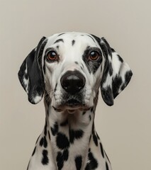 Majestic Dalmatian Dog with Attentive Expression, with Copy Space. Cute spotted dog against light beige background. Perfect for banners, veterinary ads, pet food promotions, and minimalist designs.
