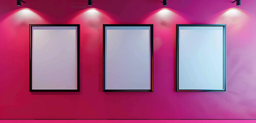 Bold contemporary gallery with three blank frames on a bright magenta wall, subtle spotlighting, 3D rendering