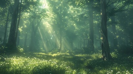 A serene forest clearing with soft sunlight filtering through the tall trees, illuminating thelush green undergrowth and creating a tranquil setting
