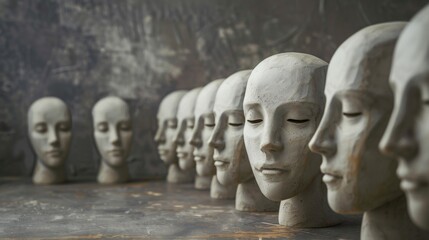 Fototapeta premium A row of plaster heads with their eyes closed.