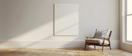 Minimalist home decor, living room with wooden floor, white empty wall, modern armchair on right, space for artwork mockup, clean design