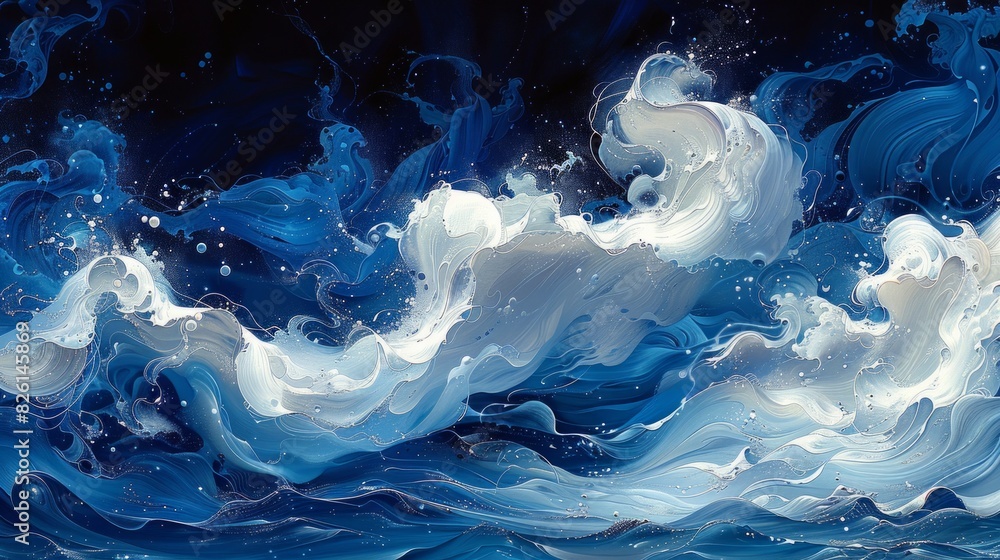 Poster A dynamic depiction of a wave crashing in the ocean, capturing the power and movement of the sea.