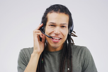 Man, talk and call center with headset on white background with telemarketing or consultant....