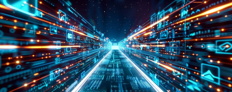 Binary tunnel. Blue and orange glowing lines of binary code. Futuristic technology, cyberspace concept.