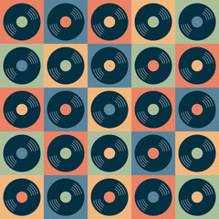 Vector seamless pattern with retro vinyl records. Colorful background in flat style.	