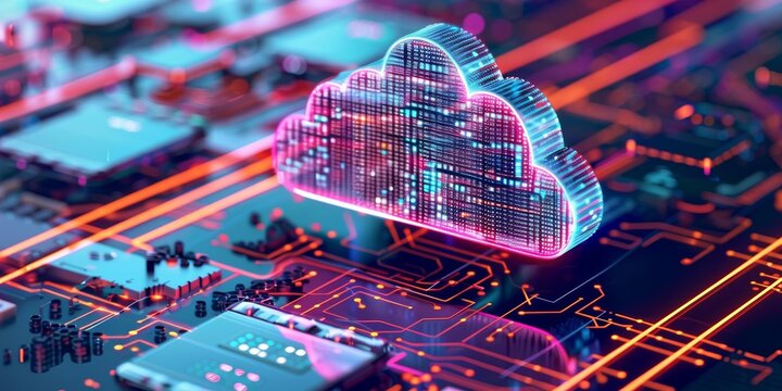 Running applications on serverless computing platforms to enhance efficiency Theme cloud computing - front view - on-demand processing - digital binary as object - Tetradic color s