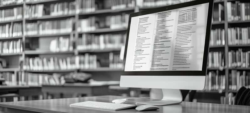 Saving important research articles in a digital bookmarking tool on a library computer Theme academic research - front view - knowledge organization - advanced tone 