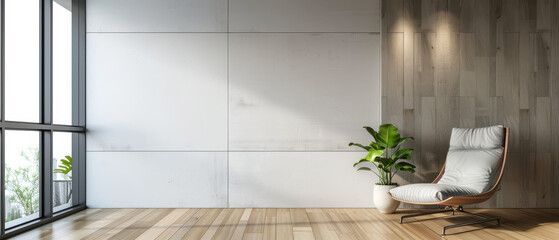 Clean and stylish interior with a white empty wall, wooden floor, and a modern armchair on the right side