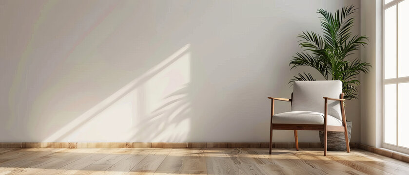 Clean and minimalist living room interior with a blank wall mockup, wooden floors, and a stylish armchair on the right
