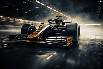 3D rendering of a formula 1 race car on track at sunset