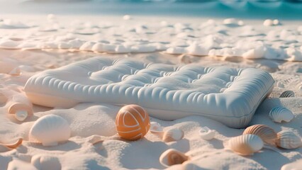 This inflatable mattress resting on the sandy beach with scattered sea shells.