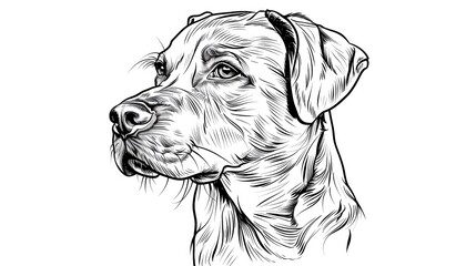 A detailed sketch of a dog's face in profile. The dog has short fur and a kind expression in its eyes  on white background