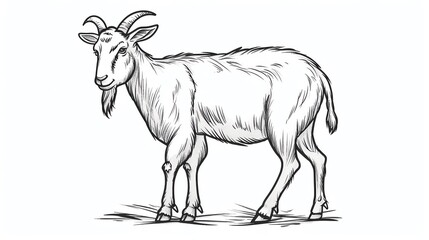 Detailed line drawing of a goat, facing left. The goat has a beard and long horns on white background