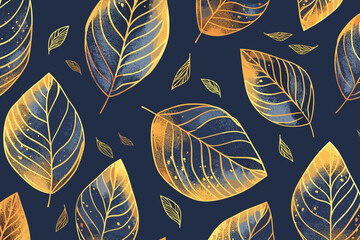 Vector golden leaves for interior design, textile, texture, poster, package, wrappers, gifts, wallpapers on a blue background