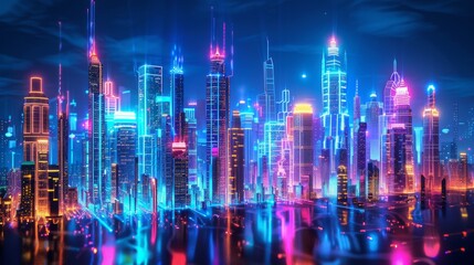 Naklejka premium A vibrant cityscape with towering skyscrapers made of neon light tubes and glowing circuits
