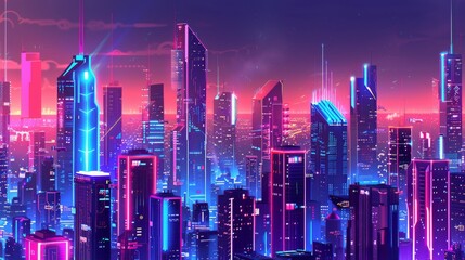 Fototapeta premium A vibrant cityscape with towering skyscrapers made of neon light tubes and glowing circuits