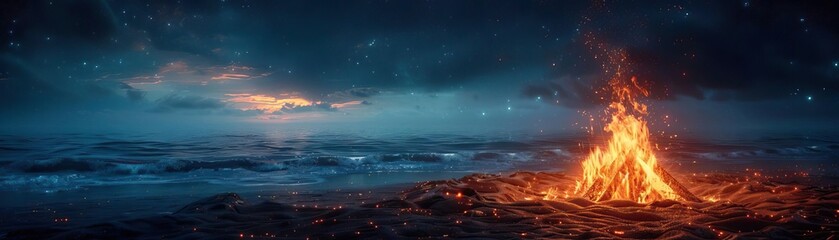 A close-up of a realistic bonfire on a sandy beach, the flames dancing and illuminating the night