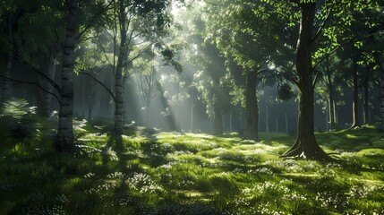 A serene forest glade with sunlight filtering through the lush canopy, casting dappled shadows on the emerald moss below