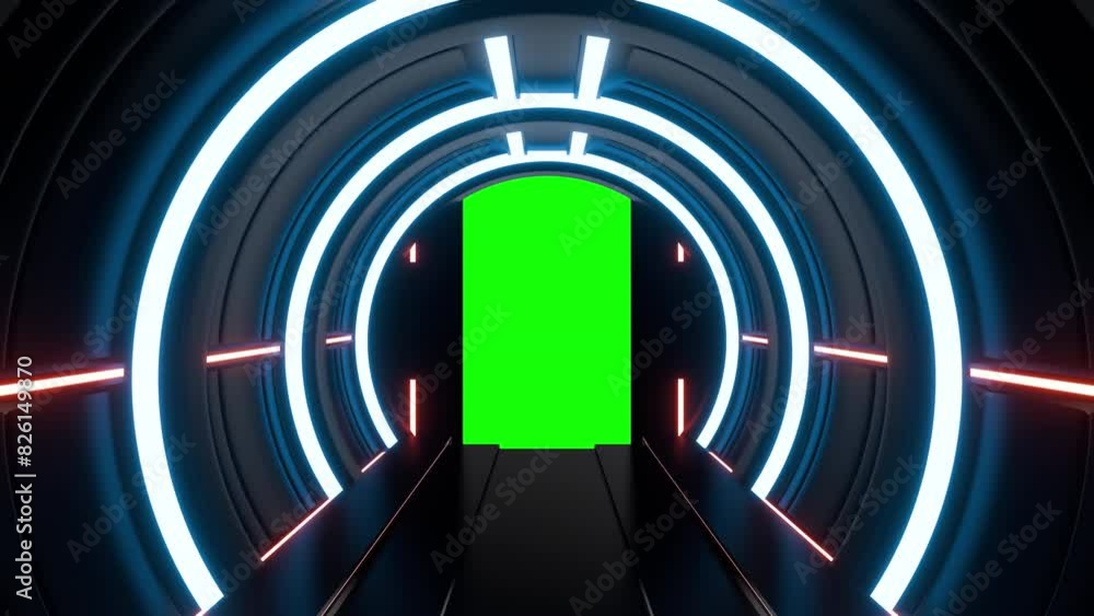Wall mural opening gate or door in dark futuristic tunnel spaceship or science laboratory corridor . sci-fi con