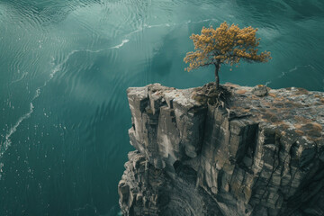 Aerial view of a single tree growing on the edge of a cliff, surrounded by rugged terrain. Emphasize the isolation and simplicity of the scene, with the tree as the focal point. 