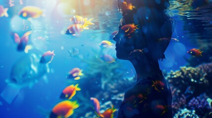 Silhouette of a person underwater surrounded by colorful tropical fish and vibrant coral reef, creating a serene aquatic scene.