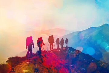Fototapeta premium Silhouettes of hikers walking on a mountain trail at sunset, with vibrant, colorful light flares creating an ethereal atmosphere.