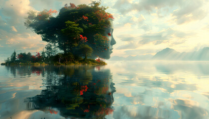 Surreal woman nature with trees and flowers growing from her head and refleting in water surface. Generative AI.