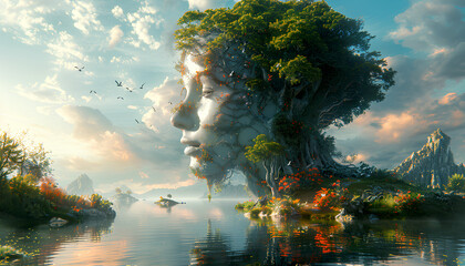 Surreal woman nature with trees and flowers growing from her head and refleting in water surface. Generative AI.