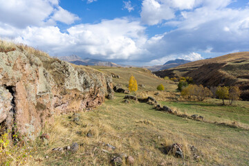 Birch tree with yellow leaves near a church carved into the rock. Samsari