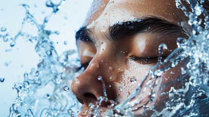 Aesthetic young man face with closed eyes and splashing water, moisturizing concept, beauty advertising. Generative AI