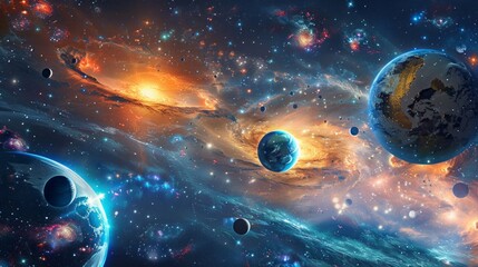 A colorful space scene with a large planet in the center