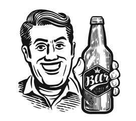 Happy smiling man holding bottle in his hand. Sketch drawing for pub or restaurant menu. Pop art style clipart