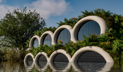 Futuristic green-roofed architecture on waterfront or Lake. Eco-friendly building. Sustainable...