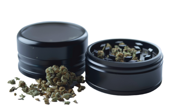 A black container brimming with marijuana buds