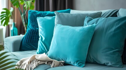 Soft teal-colored cushions arranged on a cozy sofa, inviting relaxation and comfort.