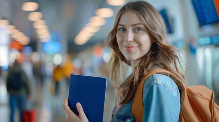 Happy woman waiting at airport to go to departure area holding passport and ticket, looking at camera, 4k HD wallpaper, background, generated by AI