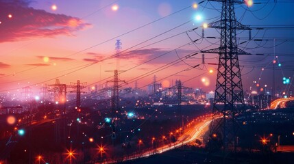 A city at night with many lights and power lines