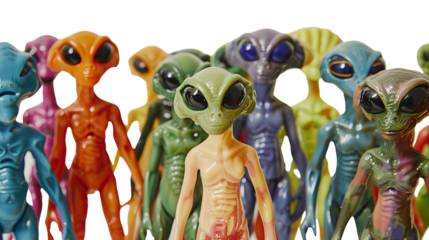 A collection of alien figurines standing in a row next to each other