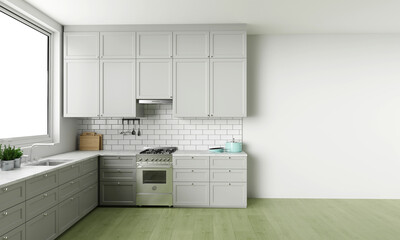 Luxury home kitchen interior with cooking cabinet on grey concrete floor. Cooking space in modern apartment with panoramic window on skyscrapers. Mockup copy space empty wall. 3D rendering