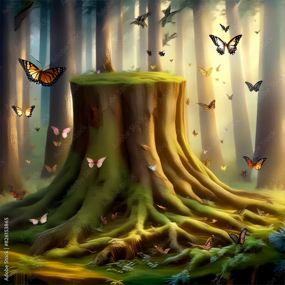 Poster a serene and mystical forest scene featuring a large tree stump surrounded by lush green moss and co