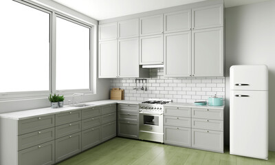 Interior of modern kitchen with white and ceramic walls, wood floor, white cabinets with built in sink and cooker and big fridge. 3d rendering