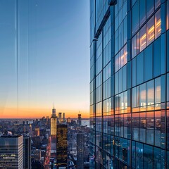 Modern Office Building Exterior, A glass skyscraper reflecting the city skyline at sunset, showcasing modern architecture