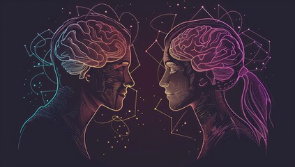 Neon Brain Silhouettes in Artistic Digital Illustration