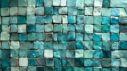 Teal-colored ceramic tiles arranged in a mosaic pattern, adding artistic flair to decor.